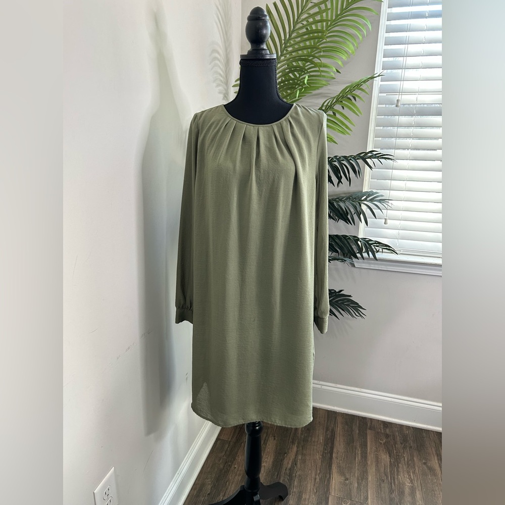 H&M Olive Green Sheer Midi Dress • Size 10 • Minimalist Dainty Office